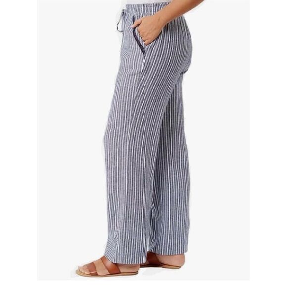 Briggs Pants - Briggs Women's XL Blue Striped Wide-Leg Linen Blend Pants Casual